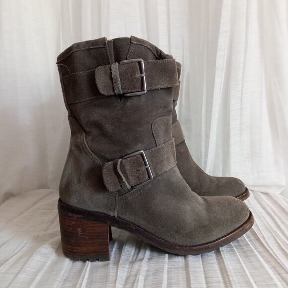 Sam Edelman Suede Boots Khaki Buckles Women 9.5 High Heel Leather Booties - Picture 1 of 11